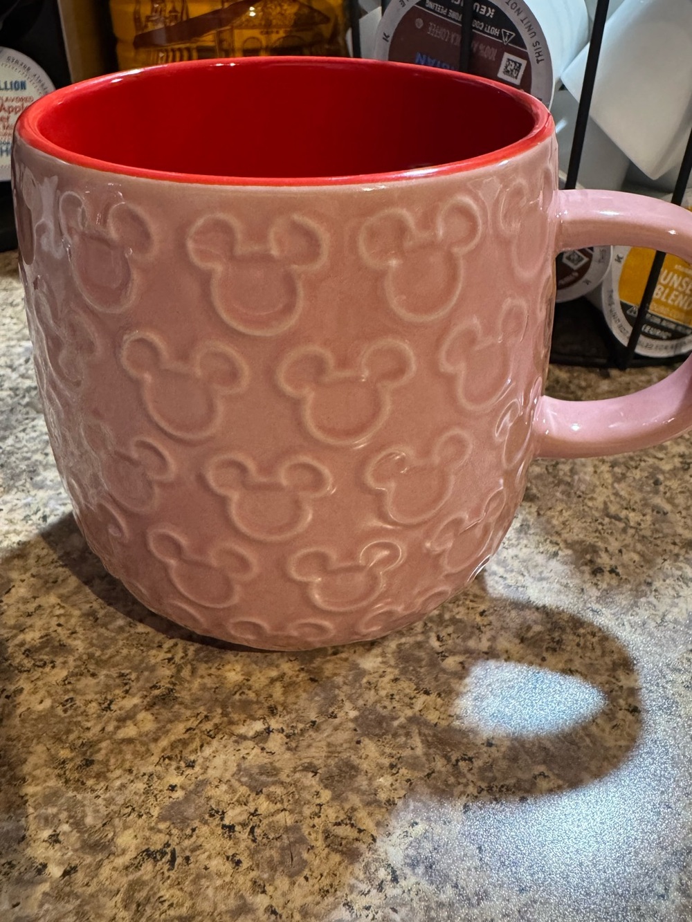 Disney Pink Ceramic Mug with Red Interior and Embossed Mouse Icons